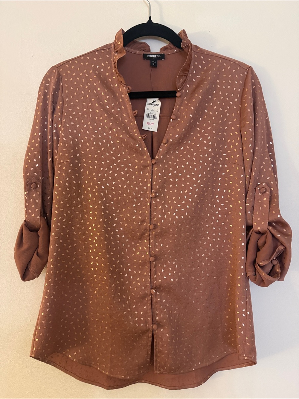 Express Brown & Gold Foil Button-Up Blouse Size Small Petite - Picture 2 of 4